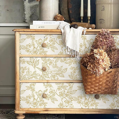 Ismoon Floral Wallpaper Peel and Stick Vintage Flower Beige and Gold Contact Paper for Cabinet Textured Removable Self Adhesive Vinyl Wallpaper for Bedroom 17.3x393in