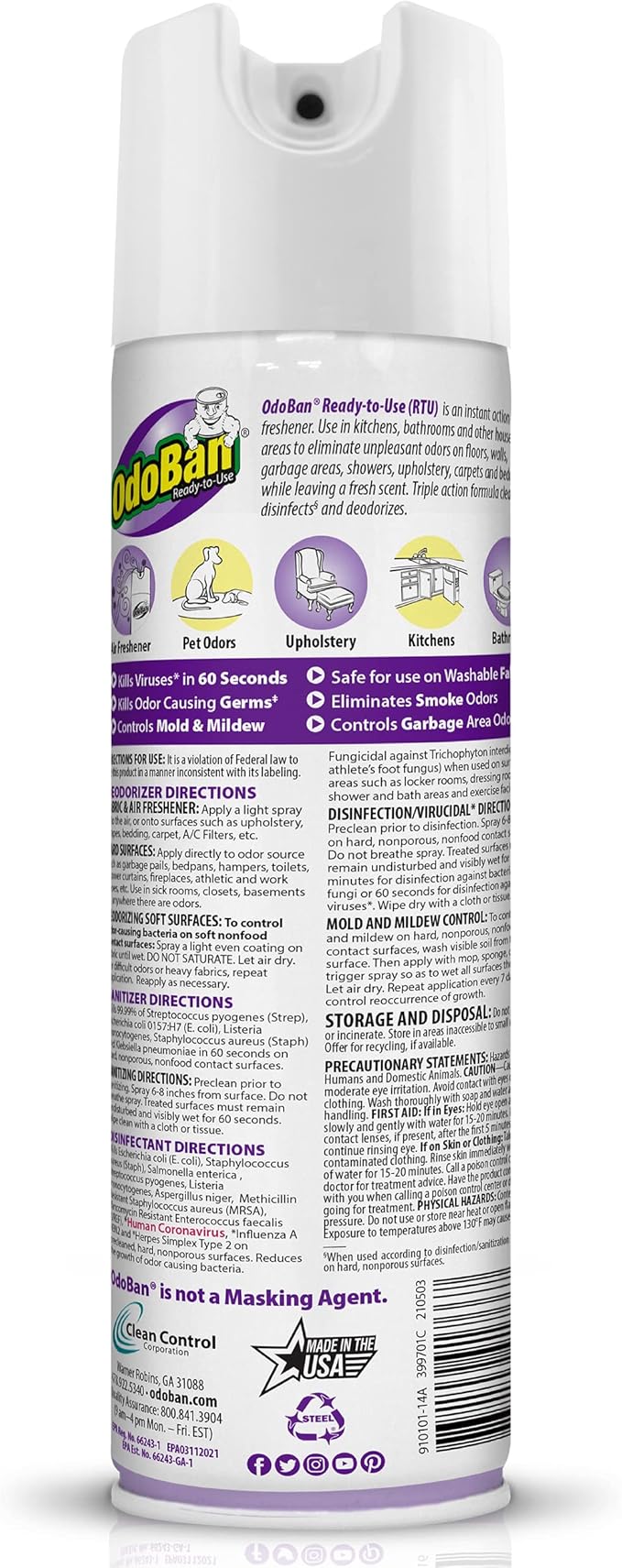 OdoBan Ready-to-Use 360-Degree Continuous Spray Disinfectant and Harsh Aroma Eliminator, Fabric and Air Freshener, 2 Pack, 14.6 Ounces Each, Lavender Scent