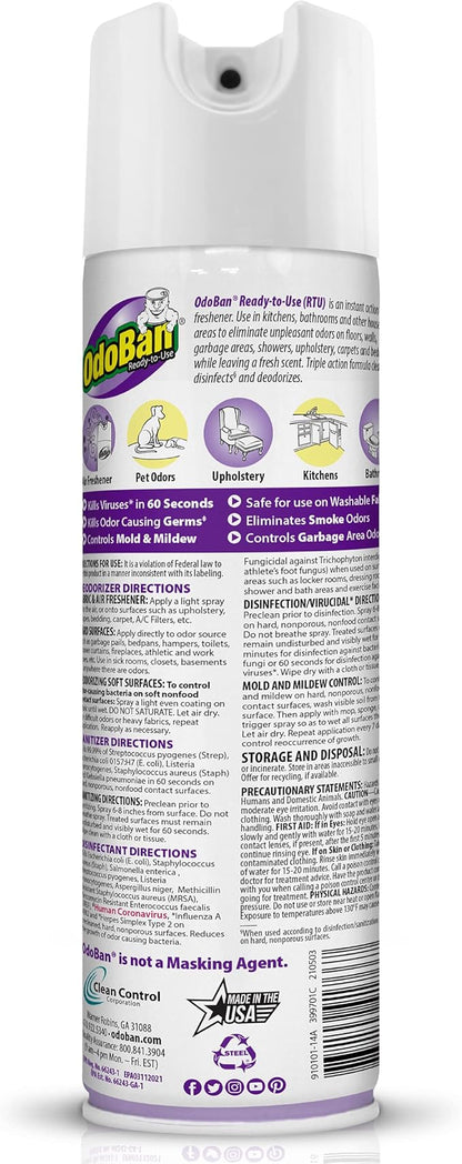 OdoBan Ready-to-Use 360-Degree Continuous Spray Disinfectant and Harsh Aroma Eliminator, Fabric and Air Freshener, 2 Pack, 14.6 Ounces Each, Lavender Scent