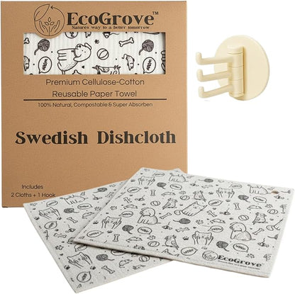 Swedish Dishcloths 2-Pack – Swedish Dish Cloths for Kitchen – Sweedish Dish Towel Alternative – Reusable Paper Towels Washable – Reuseable Cleaning Cloths – Reusable Dish Cloths with Hook