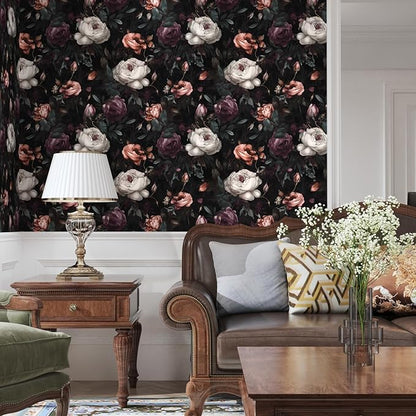 Laatse Dark Floral Peel and Stick Wallpaper, Vintage Floral Contact Paper, Waterproof Self Adhesive Boho Decor Black Rose Wall Paper for Bedroom Walls Bookcase Drawers 17.5in x 32.8ft