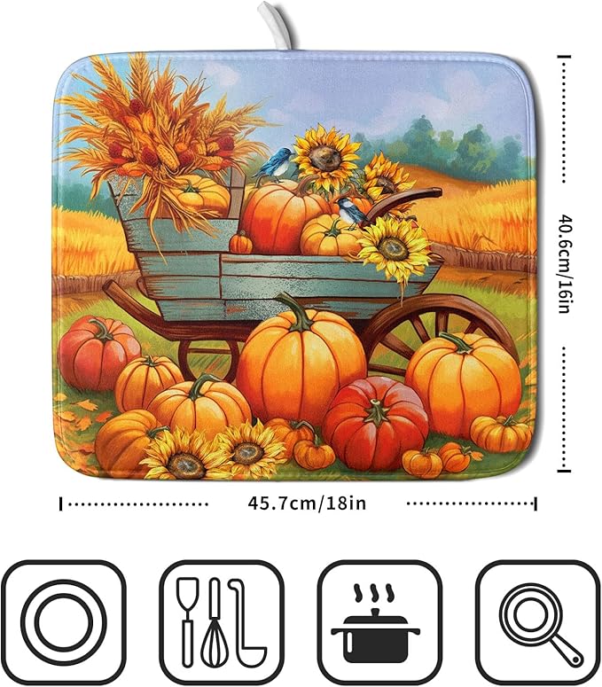 Thanksgiving Autumn Harvest Pumpkin Dish Drying Mat for Kitchen Counter,Sunflowers and Cart Drying Mat 16 x 18 Inch Microfiber Dish Drying Pad Ear of Rice Dish Rack Drainer Mat for Coffee Bar