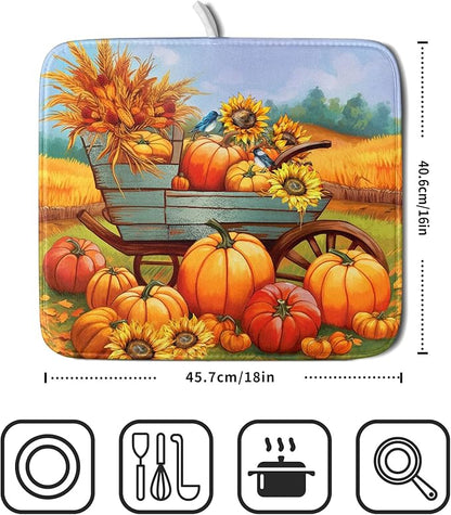 Thanksgiving Autumn Harvest Pumpkin Dish Drying Mat for Kitchen Counter,Sunflowers and Cart Drying Mat 16 x 18 Inch Microfiber Dish Drying Pad Ear of Rice Dish Rack Drainer Mat for Coffee Bar
