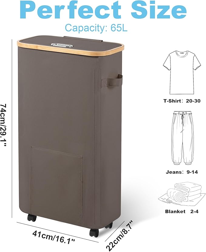 Laundry Basket with Wheels, Tall Dirty Clothes Hamper on Wheels, Rolling Laundry Hamper with lid for Dorm, Bedroom and Bathroom