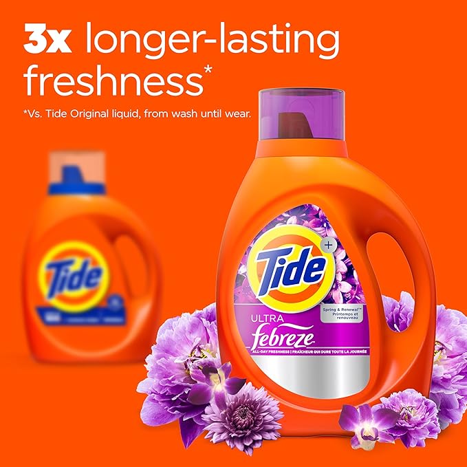 Tide Ultra Febreze Liquid Laundry Detergent, Spring and Renewal scent, 84 fl oz, 59 Loads, Laundry Detergent Liquid with All-Day Freshness