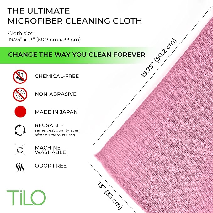 TILO Microfiber Cleaning Cloth – 19x13 Inch Ultra-Absorbent, Streak-Free, Lint-Free, Reusable Polishing Cloth for Dust, Grease, Dirt, and Delicate Surfaces – Non-Abrasive – Pink
