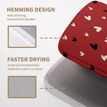Valentine Dish Drying Mat for Kitchen Counter Valentines Day Red Black Love Heart Holiday Drying Mats Absorbent Microfiber Dish Draining Mat Extra Large Dish Rack Pad 18x24 Inch