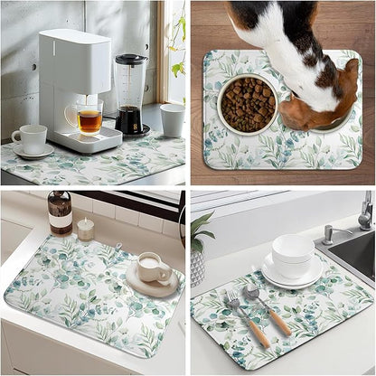 Sage Green Leaves Dish Drying Mats for Kitchen Counter 18x24 Inch, Leaves Kitchen Drying Mat,Watercolor Herbs Dishes Pad Dish Drainer Rack Mats Absorbent Fast Dry Kitchen Accessories