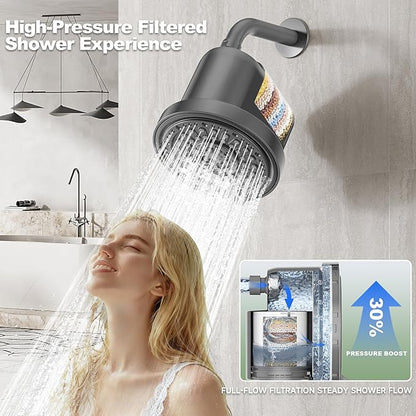 Filtered Shower Head with 30 Stage Water Softener Filter, 6 Inch High Pressure Showerhead for Hard Water, 5 Spray Modes to Remove Chlorine & Heavy Metals, Easy Install Fixed Shower Head