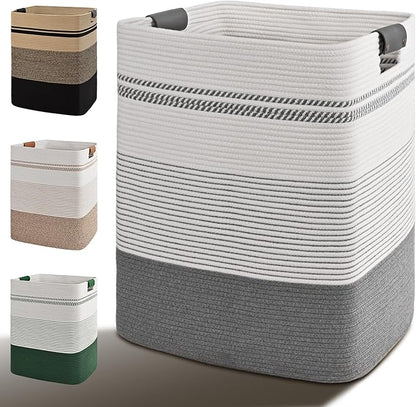 Laundry Hamper, 95L Tall Laundry Basket with Leather Handles, Rectangle Large Clothes Hamper for Organizing, Cotton Woven Laundry Baskets Storage Hampers for Bedroom, Nursery, Living Room