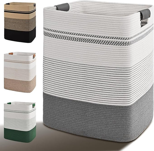 Laundry Hamper, 95L Tall Laundry Basket with Leather Handles, Rectangle Large Clothes Hamper for Organizing, Cotton Woven Laundry Baskets Storage Hampers for Bedroom, Nursery, Living Room