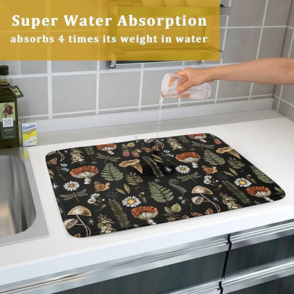 Mushroom Fern Leaves Berry Dish Drying Pad 18 x 24 Inch with Absorbent Reversible Microfiber Vintage Botanical Nature Forest Black Drying Mats For Kitchen Counter Dining Room Decoration