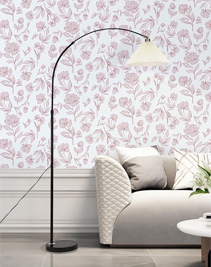 Timeet White and Pink Floral Wallpaper Peel and Stick Modern Removable Self-Adhesive Wall Paper for Bedroom Bathroom Vintage Contact Paper Vinyl Film 17In×78.7In