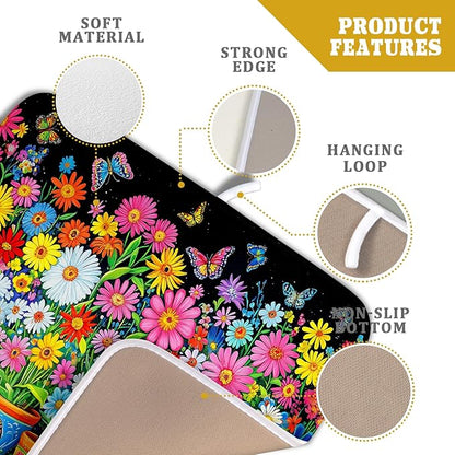 Colorful Floral Dish Drying Mat 16 X 18 Black Spring Flowers Absorbent Microfiber Kitchen Decor Counter Mats