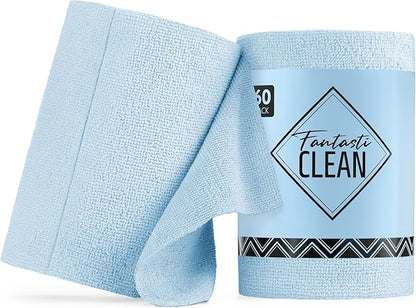 Fantasticlean Microfiber Cleaning Cloth Roll -60 Pack, Tear Away Paperless Towels, 8" x 8", Reusable Washable Rags, for House Kitchen, Pet, Office, Indoor Outdoor, Compact and Portable (Baby Blue)