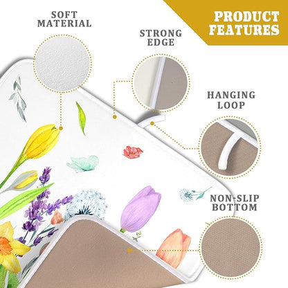 Aportt Spring Floral Dish Drying Pad with Absorbent Reversible Microfiber Watercolor Tulip Lavender Flower Drying Mats 16 x 18 Inch Dish Drainer Mat Fast Dry For Kitchen Dining Room