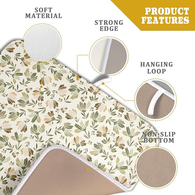 Spring Summer Daisy Floral Leaf Dish Drying Pad 16 x 18 Inch With Absorbent Reversible Microfiber Green Brown Leaves Flowers Drying Mats Dish Drainer Mat Fast Dry For Kitchen Dining Room Decoration