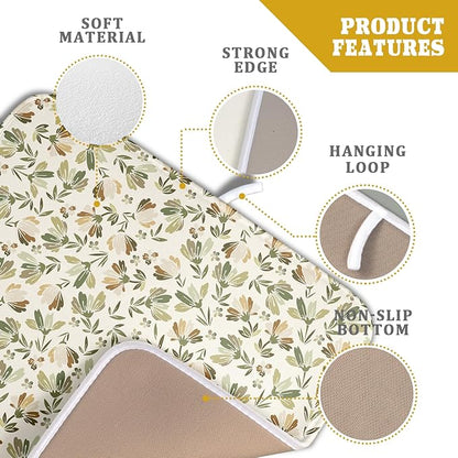 Spring Summer Daisy Floral Leaf Dish Drying Pad 16 x 18 Inch With Absorbent Reversible Microfiber Green Brown Leaves Flowers Drying Mats Dish Drainer Mat Fast Dry For Kitchen Dining Room Decoration