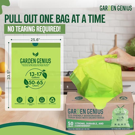 Biodegradable 13-17 Gallon Code-Q Trash Bags (50 Pack) | Strong Heavy-Duty Tall Green Kitchen Bags w/Drawstring | Fits Simplehuman & Standard Cans | Eco-Friendly D2W, 30 Micron Thick | 25.6" x 33.5"