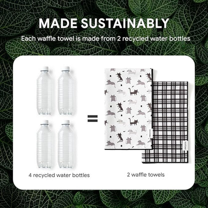 RECYCO Waffle Kitchen Towel Set of 2 - Quick Dry Microfiber Sustainable Dish Towels - Absorbent Reusable Cleaning Tea Towels - Lightweight Hand Towels,16”x 28”, Shadow Meow