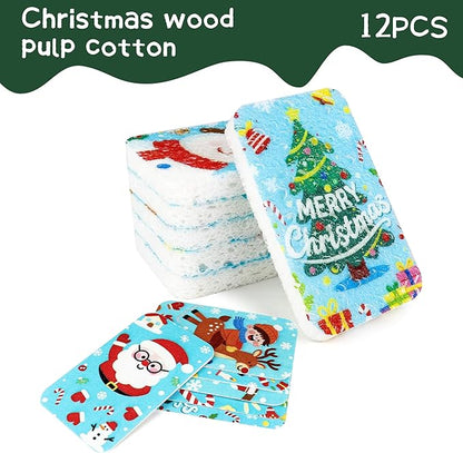 Christmas Theme Kitchen Sponge (12Pack) - Wood Pulp & Coconut Scrubber Sponges, High-Absorption Dishwashing Sponge with Festive Designs, Strong Cleaning for Dishes, Household Cleaning