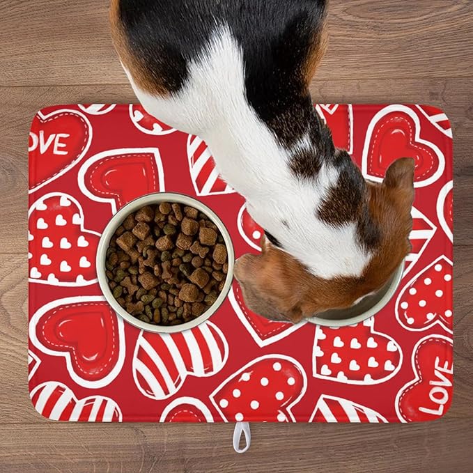 Valentines Day Dish Drying Mat for Kitchen Counter Red Polka Dot Stripe Love Heart Pattern Drying Mat 18x24 Inch Valentines Holiday Absorbent Dish Drainer Mat Kitchen Accessories