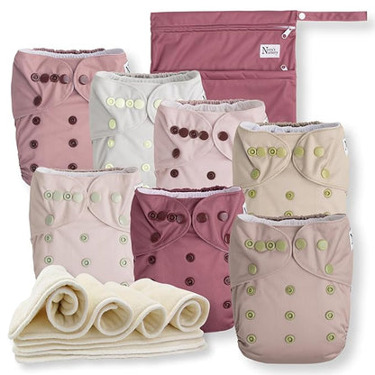 Nora's Nursery Cloth Diapers 7 Pack with 7 Inserts & 1 Wet Bag - Waterproof Cover, Washable, Reusable & One Size Adjustable Pocket Diapers for Newborns and Toddlers - Ballet Slippers