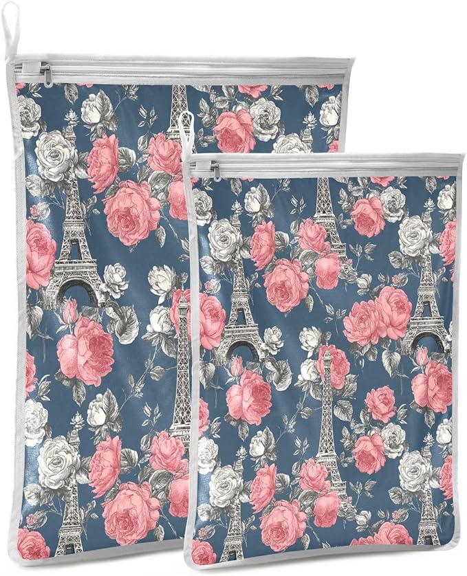 Mesh Laundry Bags Lingerie Bags for Washing Delicates 2 PCS Durable Wash Bag with Zipper Small and Medium Washable Blue French Eiffel Tower and Roses
