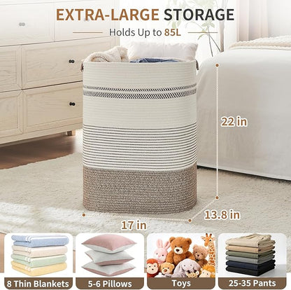 Laundry Hamper - Tall Woven Rope Laundry Basket - Clothes hamper with Leather Handles, 17" X 13.8" X 22", Blanket Storage Basket for Living Room, Rice Brown & White
