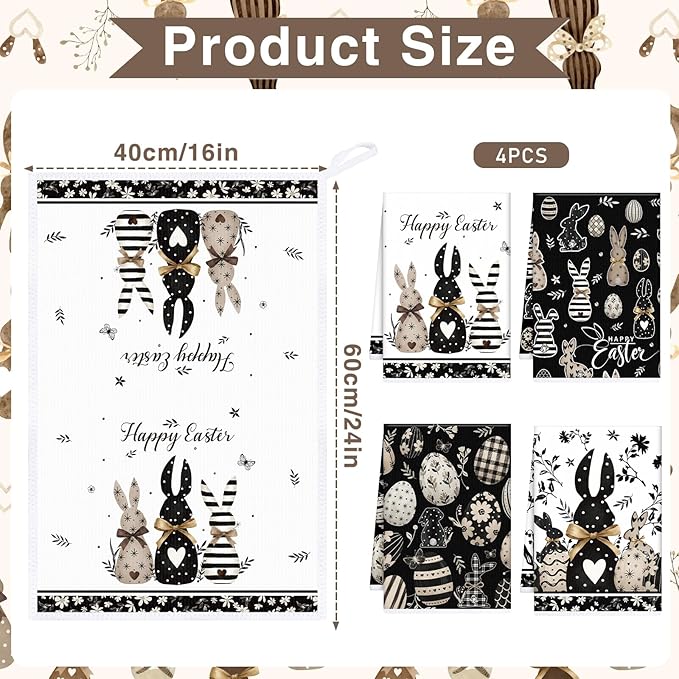 Happy Easter Kitchen Towels, Bunny Eggs Dish Towels Gifts for Cooking Cleaning Set of 4, Farmhouse Spring Rabbits Hand Towels for Bathroom Home Decor