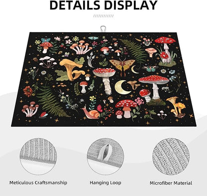 Mushroom Dish Drying Mat for Kitchen Counter 18"x24" Moth Gothic Witchy Dishes Pad Dish Drainer Rack Mats Microfiber Washable Absorbent Kitchen Decor, Black