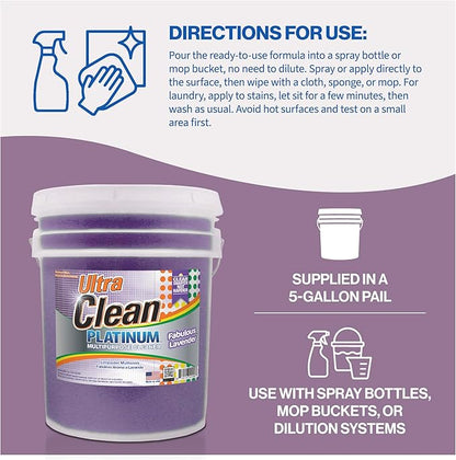 Ultra Clean Platinum Multipurpose Cleaner, Non-Abrasive and Bleach-Free, for Kitchen Counters, Bathroom Floors and Garage Spaces, Lavender, 5 Gallons
