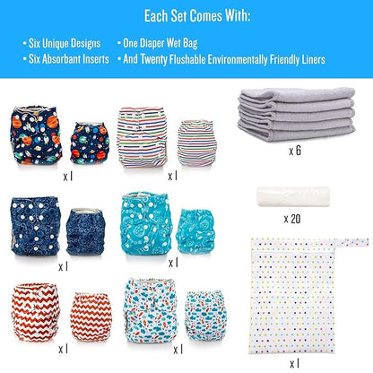 Simple Being Reusable Cloth Diapers, Double Gusset, One Size Adjustable, Washable Soft Absorbent, Waterproof Cover, Eco-Friendly Unisex Baby Girl Boy, six 4-Layers Microfiber Inserts (Space)