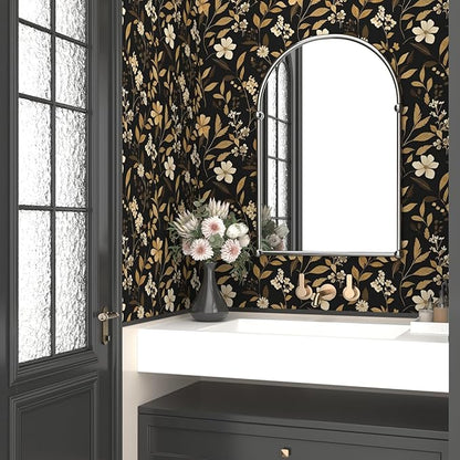 Fvlow Black Gold Floral Wallpaper Retro Peelable Wall Paper 17.4" x 394"Vintage Dark Contact Paper Renter Friendly Covering for Bedroom Bathroom Cabinet Home Decor