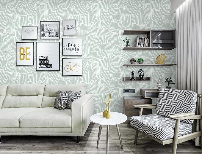 Guvana Green Wallpaper Peel and Stick Modern Sage Green and White Contact Paper Coastal Tropical Wallpaper Boho Striped Removable Waterproof Wall Paper for Bathroom Laundry Room Accent Wall17.3×78.7"
