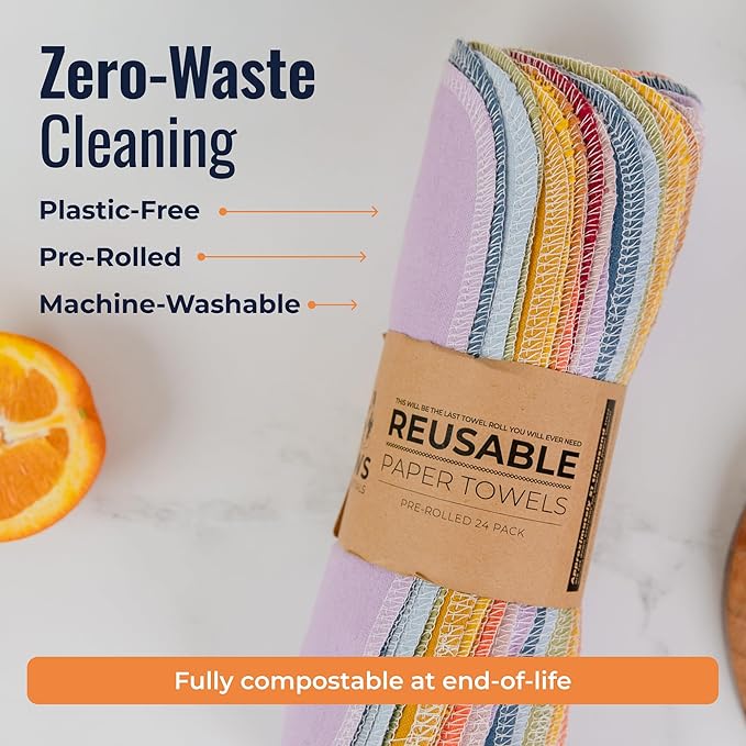 Zero Waste Reusable Paper Towels, Organic Cotton Flannel Wipes for Kitchen, Bathroom, Hand Drying, Pet Messes, and Counter Cleaning, Earth Tones, 24-Pack Gift Set