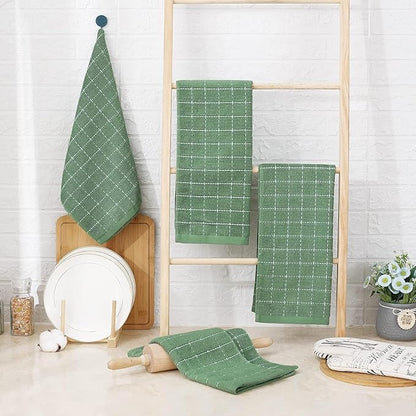 Homaxy 100% Cotton Terry Kitchen Towels(Grass Green, 13 x 28 inches), Checkered Designed, Soft and Super Absorbent Dish Towels, 18 Pack