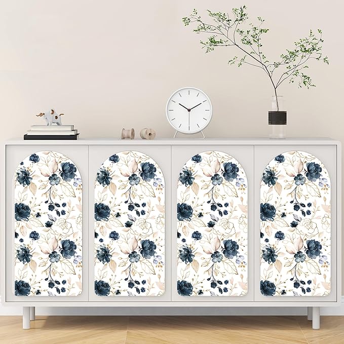Navy Blue Floral Peel and Stick Wallpaper Self Adhesive Removable Thick Vinyl Watercolor Botanical Flower Gold Line Accent for Bedroom Bathroom Living Room Accent Wall 17.7" x 393.3"