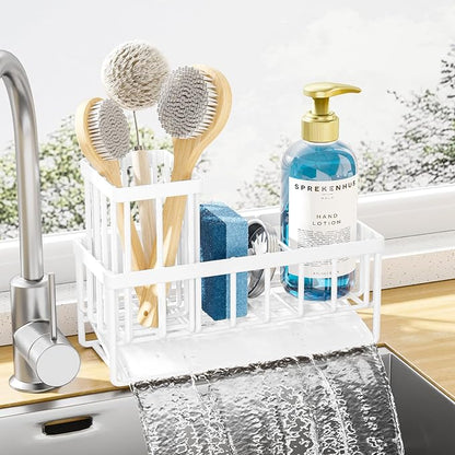 Kitsure Sponge Holder for Kitchen Sink - Rustproof Stainless Steel Sink Caddy Organization and Storage Essentials with High Brush Holder, Home Decor Accessories, 7.9" x 3.7" x 6.2", White