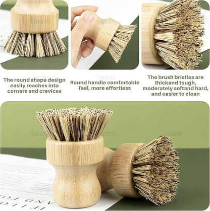 AUEAR, Natural Bamboo Dish Scrub Brush Cleaning Pot Scrubber Brushes Coconut Bristles for Cast Iron Skillet Pots Pans (4 Pack)
