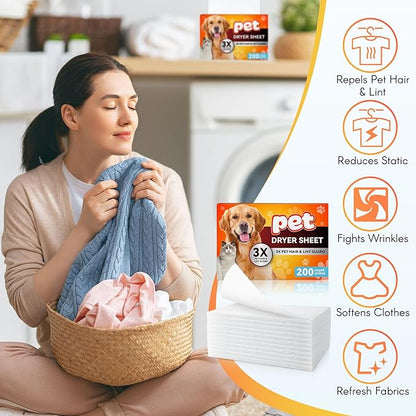 Pet Hair Remover for Laundry, Lint Dryer Sheets, 3 X Pet Hair Fighters, Reduces Static, Adds Softness (Unscented,400 Count)
