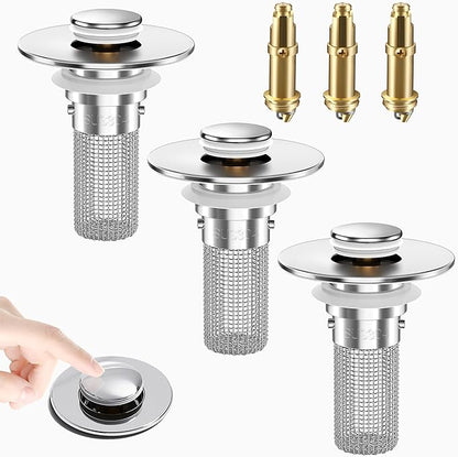 Bathroom Sink Drain Strainer, Pop-Up Bathroom Sink Stopper with Removable Stainless Steel Hair Catcher Basket, Universal Fit for US Bathroom Sinks, Showers & Floor Drains (3pcs)