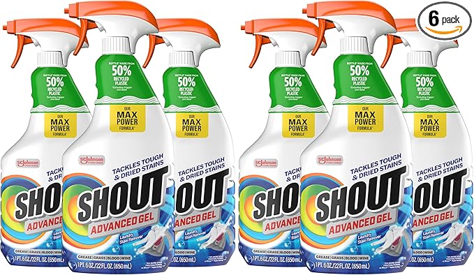 Shout Advanced Laundry Stain Remover Gel for Clothes Laundry, Breaks Down Stubborn, Dried-in, and Tough Stains, 22oz Spray, Pack of 6 (Packaging May Vary)
