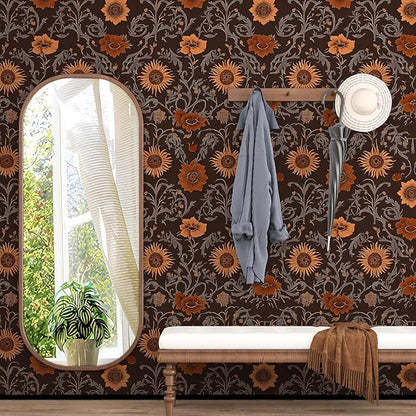 Extra Long Vintage Floral Contact Paper, 17.5In x 393In Moody Dark Brown Sunflower Botanical Pattern Self-Adhesive Wall Paper for Bedroom Cabinet Kitchen, Vinyl Witchy Wall Art Decor in Rust