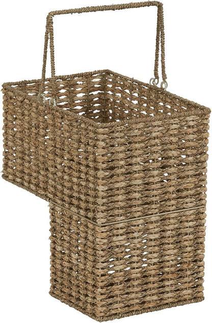 Household Essentials Wicker Stair Basket, Wicker Step Organizer with Handles, Use to Collect and Transport Items from Floor to Floor