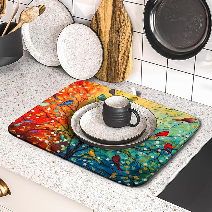 Colorful Spring Tree Bird Dish Drying Mats for Kitchen Counter 16”x18” Absorbent Reversible Microfiber Spring Floral Dish Drying Pad Seasonal Flowers Mat Dish Draining Mat for Countertop Table Decor
