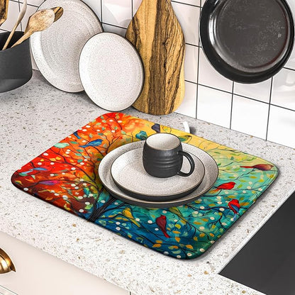 Colorful Spring Tree Bird Dish Drying Mats for Kitchen Counter 16”x18” Absorbent Reversible Microfiber Spring Floral Dish Drying Pad Seasonal Flowers Mat Dish Draining Mat for Countertop Table Decor