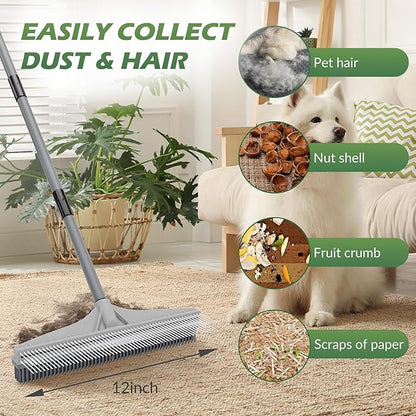 Walensee Carpet Rake for Pet Hair Removal, 2 in 1 Rug Rake to Fluff Carpet with Nylon Groomer Brush, Adjustable Long Handle for Shag Rugs, Stairs, Mats and Floors, Rubber Broom