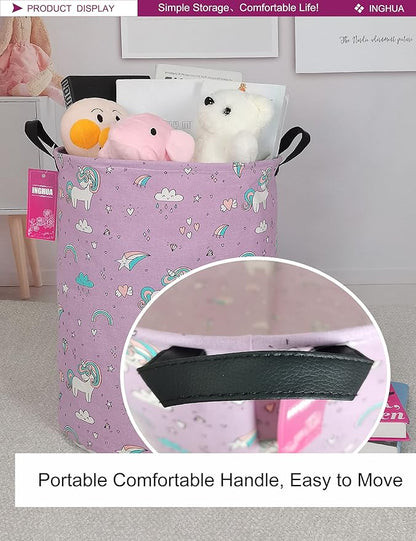 Laundry Hamper Large Canvas Fabric Lightweight Storage Basket/Toy Organizer/Dirty Clothes Collapsible Waterproof for College Dorms, Boys and Girls Bedroom,Bathroom(Unicorn)