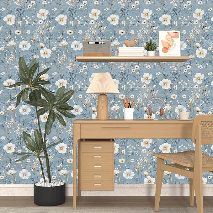 Laatse Blue Floral Peel and Stick Wallpaper White Botanical Contact Paper Vintage Leaf Wall Mural for Bedroom Bathroom Vinyl Waterproof Self Adhesive Removable Renter Dorm Wall Paper 17.5" x 118"